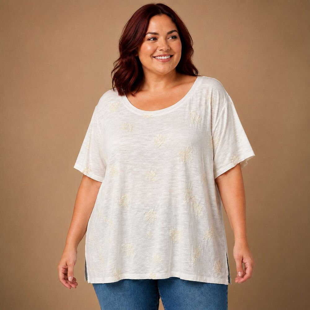 J.Jill Embroidered Slub Tee Womens 2X Ivory Floral Cotton Tencel Modal Tunic Top